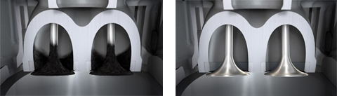 Vlevo: sací ventily se standardním benzinu Vpravo: sací ventily s MaxxMotion Super 100